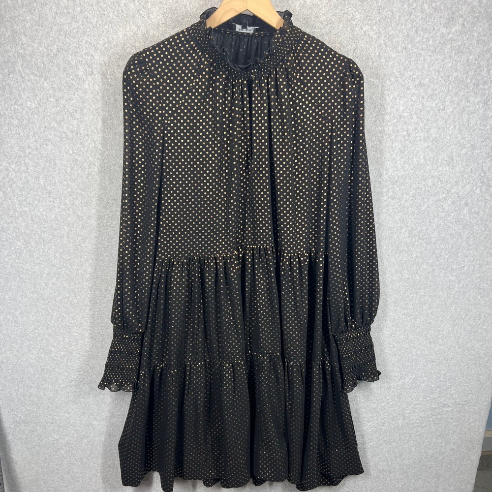 ME+EM Polka Dot Tiered Mini Dress Womens Size 12 Black Gold Metallic Smocked EUC